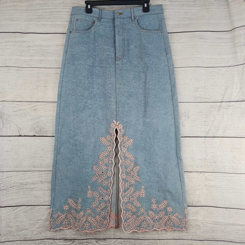 DRIFTWOOD Size 31 Serena Embroidered Pink Eyelet Denim Maxi Skirt NWOT $178 L779
